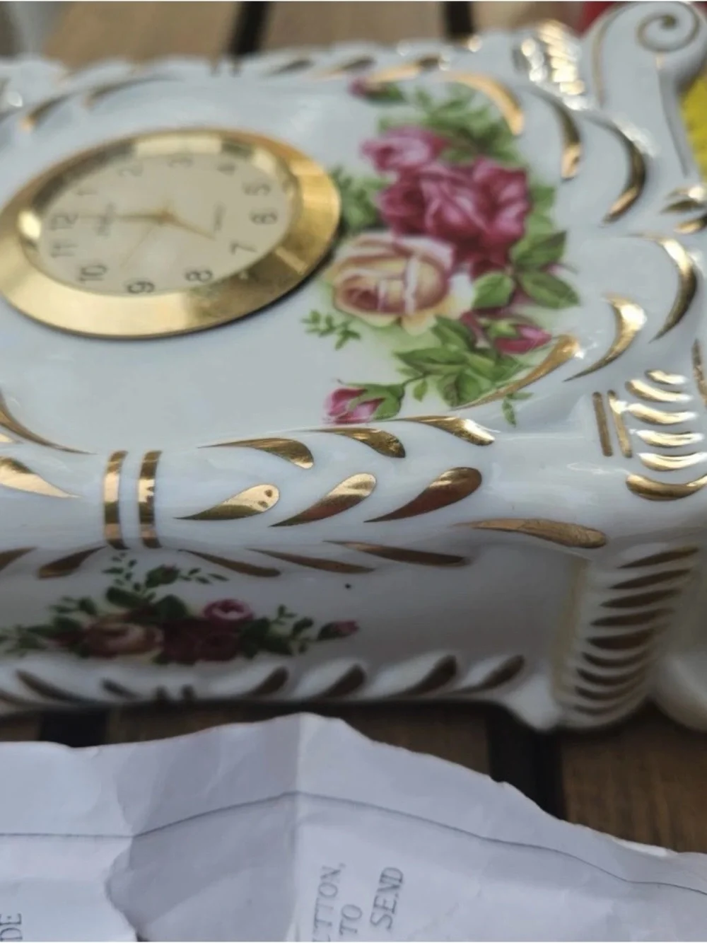 Vintage Porcelain Rose Mantel Clock | Gold Gilt | Quartz Shelf Clock